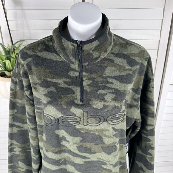 New Bebe Sport Polar Fleece 1/4 Zip Pullover Jacket Top Green Camo Women Size XL - Picture 2 of 7